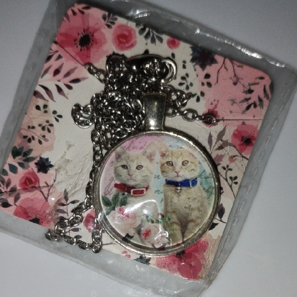 Handmade Cat Pendant Necklace with Silver Tone  Chain Handmade
